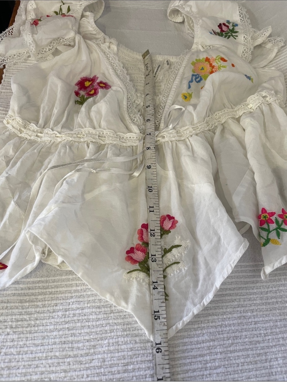 White Embroidered Floral Tie Peplum Top - Picture 5 of 5